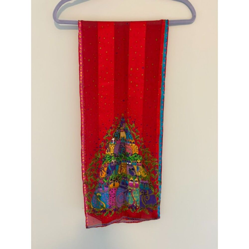 Laurel Burch Cat Print Silk Scarf Christmas Festive
